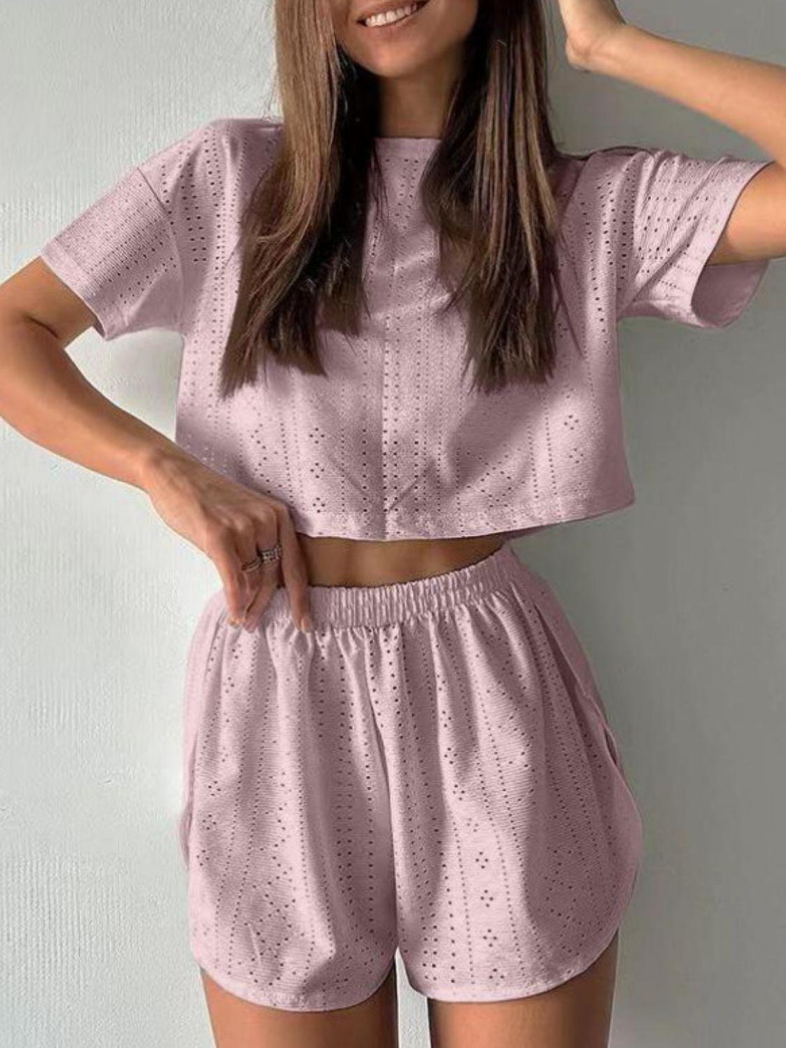 Eyelet Round Neck Top and Shorts Set Sets