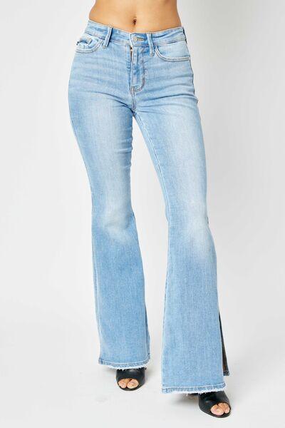 Full Size Mid Rise Raw Hem Slit Flare Jeans Jeans